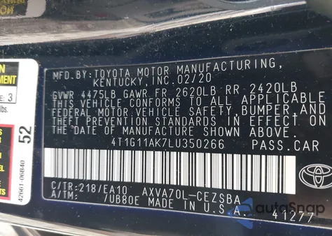 2020 Toyota Camry Se из США, поврежденный, VIN 4T1G11AK7LU350266